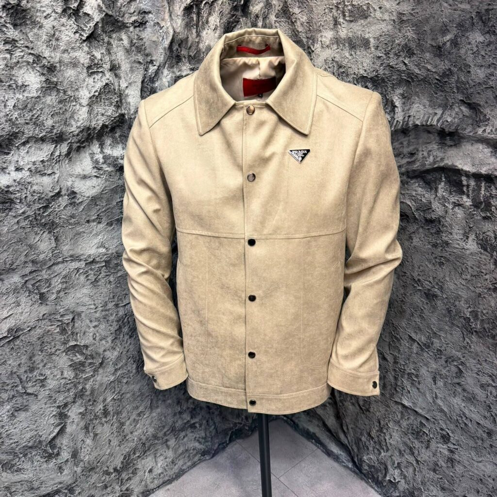 Suede-Finish Overshirt Jacket — Beige