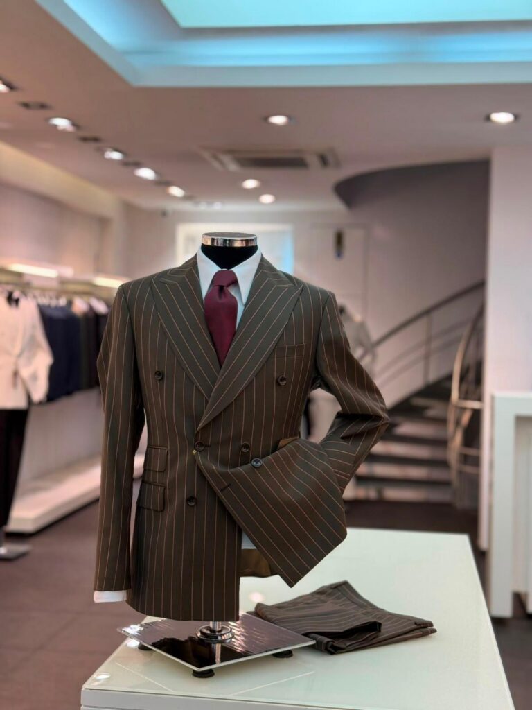 Pinstripe Double-Breasted Suit — Brown