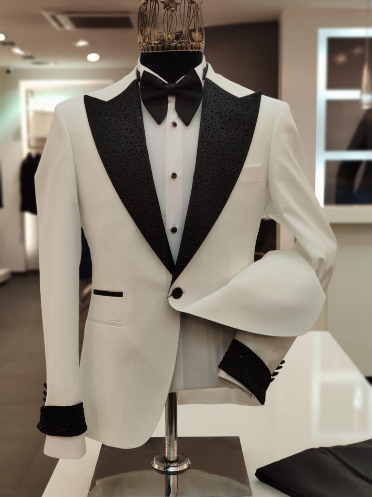 White Tuxedo with Embellished Lapels — White