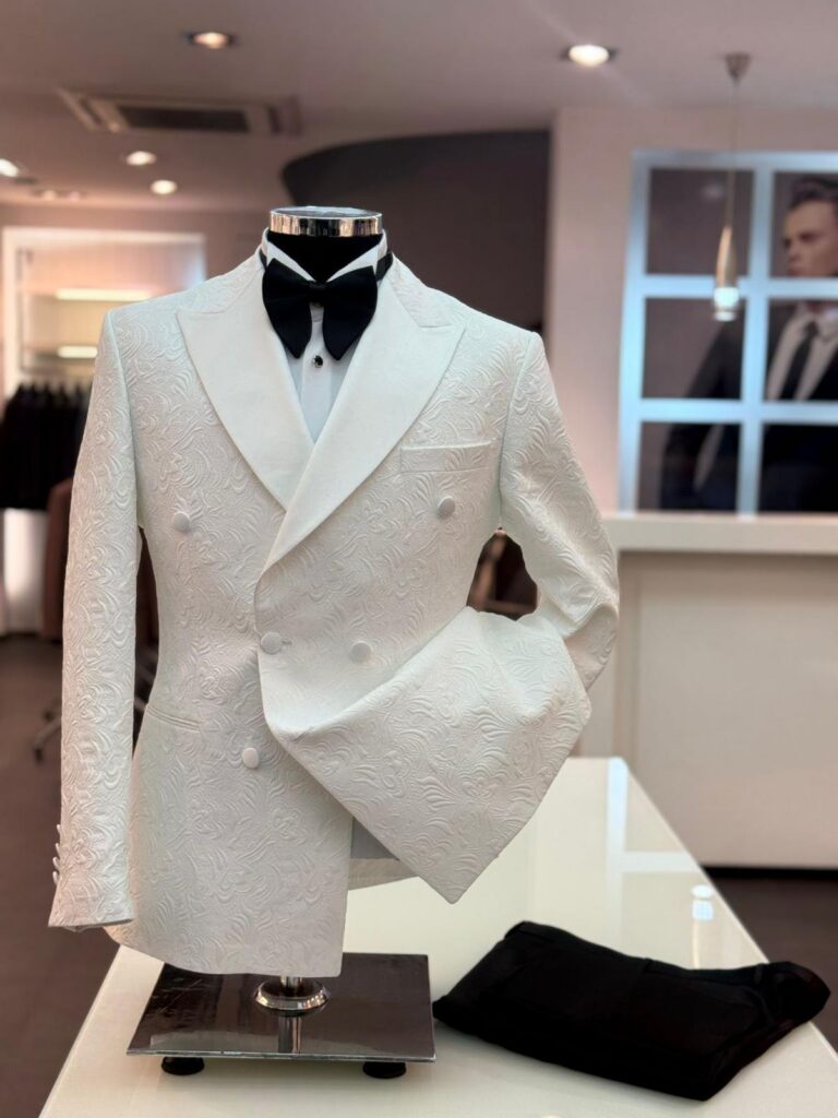 White Jacquard Double-Breasted Tuxedo — White